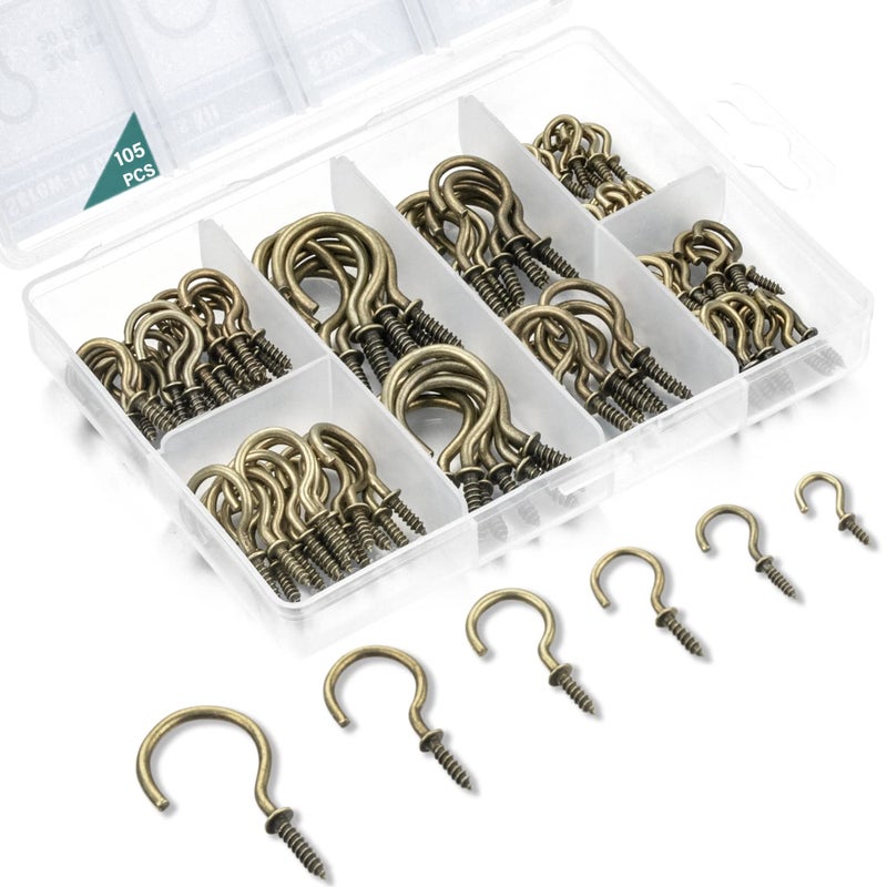 EIENHOSHI 105 Pcs Screw Hooks  6 Sizes Bronze Cup Hooks  Screw Hooks for Hanging  Metal Cup Hooks Screw in (1/2""  5/8""  3/4""  7/8""  1''  1-1/4"") - Image 1